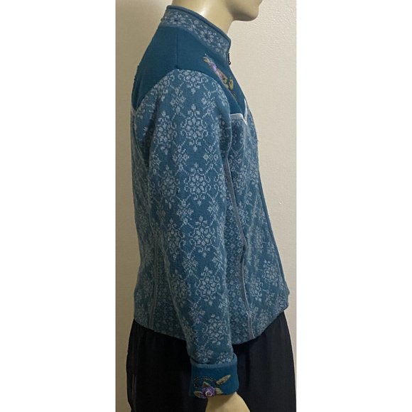 Icelandic Design Women's Full Zip Medium Floral Embroidered Sweater Blue Gray - Picture 3 of 11